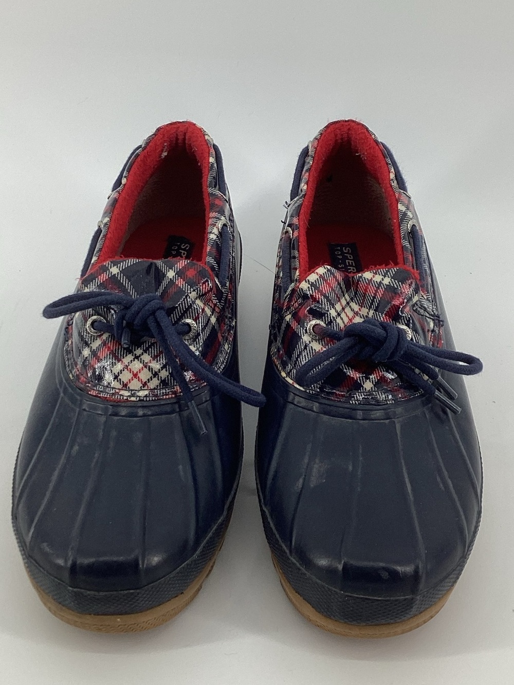 Sperry Navy Plaid Duck Boots with Red Lining